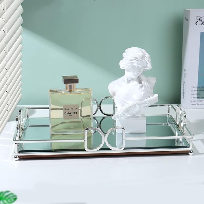 Decorative Tray, Bright Silver, Modern Premium Feeling Perfume Tray, Luxury Rust-Proof Glass Tray for Bathroom, Dresser, Bedroom