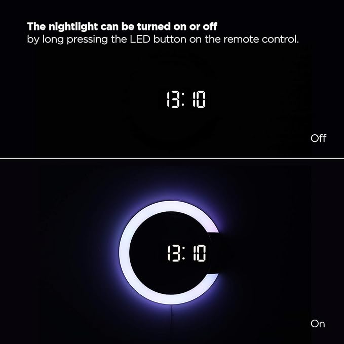mooas Mood Light LED Silent Digital Wall Clock with Remote, Backlit Nightlight, Modern Digital LED Wall Clock Display Alarm Clock Melody 5 Brightness for Bedroom Living Room