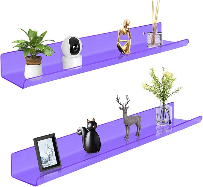 ROYALITA 24 Inches Acrylic Floating Book Shelves Wall Mounted Set of 2, Wall Hanging Plant Display Shelves, Room Decor Floating Wall Shelves for Gaming Room, Bedroom, Living Room, Office, Purple