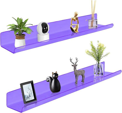 ROYALITA 24 Inches Acrylic Floating Book Shelves Wall Mounted Set of 2, Wall Hanging Plant Display Shelves, Room Decor Floating Wall Shelves for Gaming Room, Bedroom, Living Room, Office, Purple