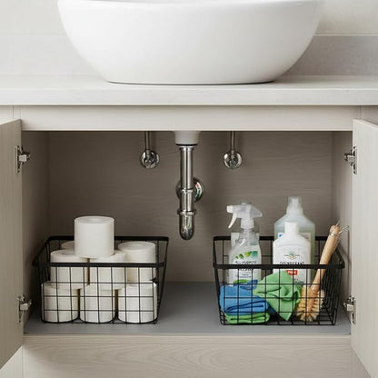 Kitchen Metal Wire Baskets with Handles Food Storage Organizer, Household Refrigerator for Cabinets,Pantry,Bathroom,Black,2 Pack