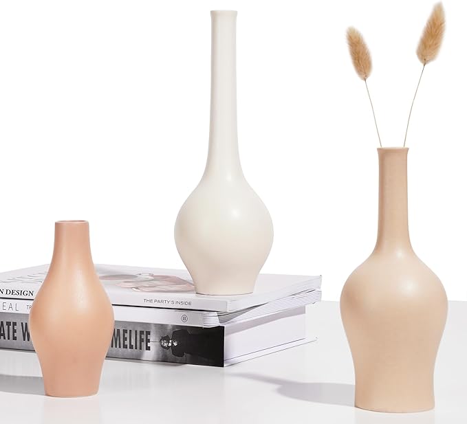 ZENS Ceramic Bud Vase Set of 3, Small Matte Grainy Bud Flower Vases for Bohoshelf Decor, Mini Rustic Boho Vase for Dried Flowers, Room Décor Centerpiece