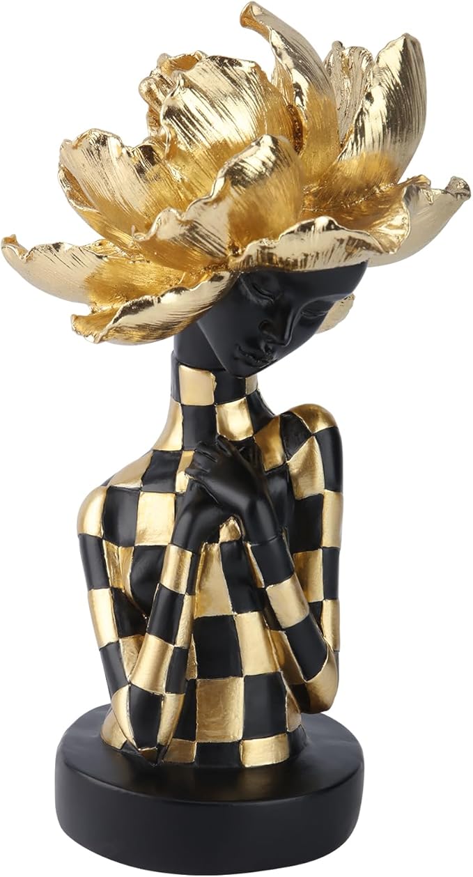 African Woman Sculpture with Golden Flower Headpiece – Black and Gold Resin Figurine for Home Decor, Elegant African Lady Statue, Modern Ethnic Art Ornament, Gift for Women