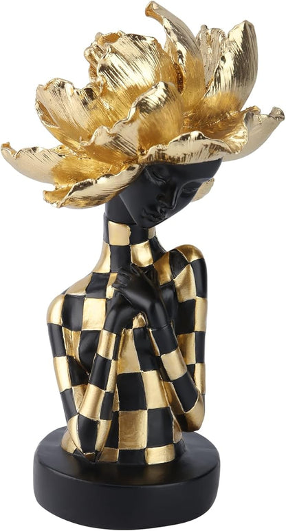 African Woman Sculpture with Golden Flower Headpiece – Black and Gold Resin Figurine for Home Decor, Elegant African Lady Statue, Modern Ethnic Art Ornament, Gift for Women