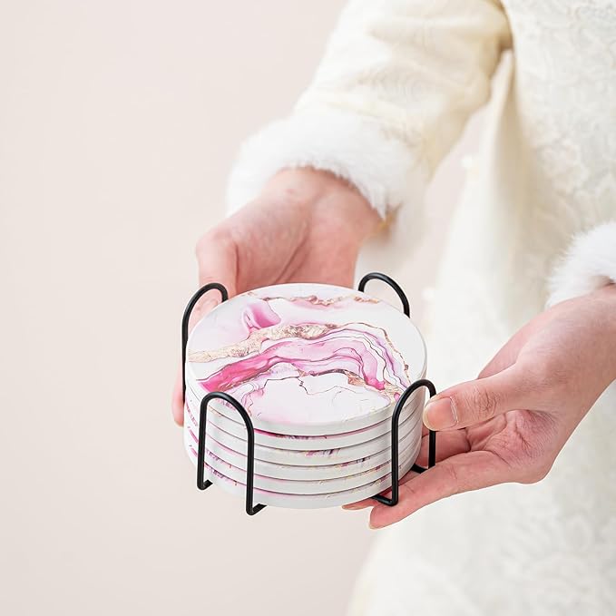 Ceramic Drink Coasters Set of 6 with Holder, Modern Marble Absorbent Ceramic Coasters, Round Ceramic Table Coasters for Home Decor Coffee Kitchen (4 Inches), Pink