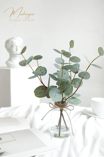 Artificial Eucalyptus Stems in Glass Vase with Faux Water,3Pcs Fake Plant with Double-Sided Green Leaves for Centerpiece(Double-Sided Green Eucalyptus)