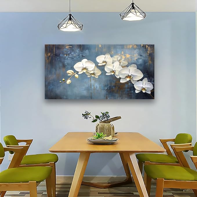 Abstract White Butterfly Orchid Canvas Wall Art for Living room Office Bedroom Flowers Wall Art Print Oil Paintings Modern Blue Gold Rain Mist Pictures Wall Decor Artwork Ready to Hang - 20in * 40inch