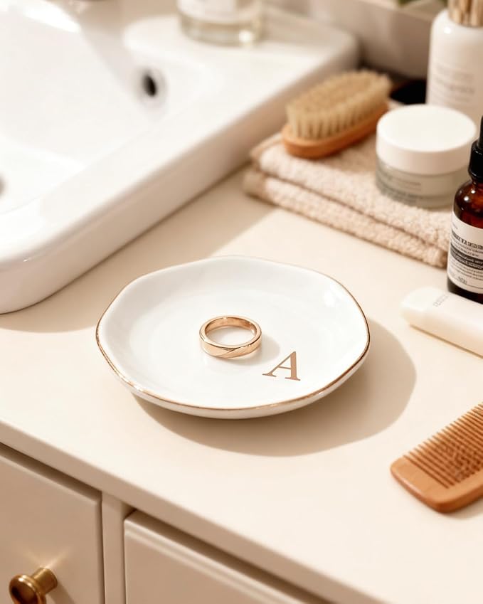 Fmeida Jewelry Tray Ring Dish for Women, Initials Ceramic Jewelry Dish, Personalized Aesthetic Decorative Birthday Valentines Mother's Day Christmas Gifts, 4.5", Rose Gold L