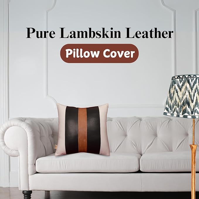 Genuine Lambskin Leather Pillow Cover, 20x20 Inch Case for Lumbar Throw Couch Pillows, Thick & Soft Cushion Covers for Sofa Bed Home Décor (White Black & Tan Pack of 2)