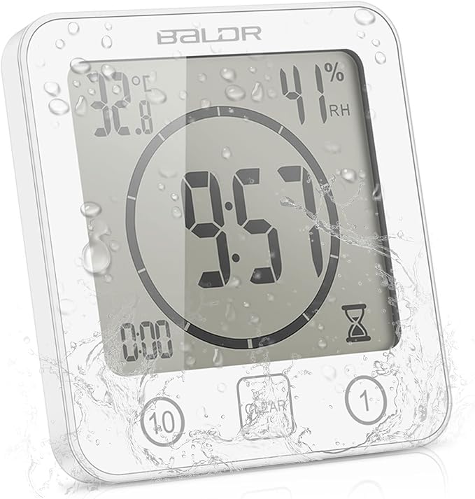 Waterproof Digital Shower Clock, Bathroom Wall Clock with Countdown Timer, Temperature & Humidity Display, Magnetic Back & Suction Cup for Bathroom, Kitchen, Spa