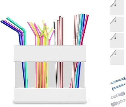 Straw Holder For Cabinet With Double Sided Adhesive Tape Reusable Cabinet,Straw Organizer For Cabinet, Fridge And Kitchen Counter(White)
