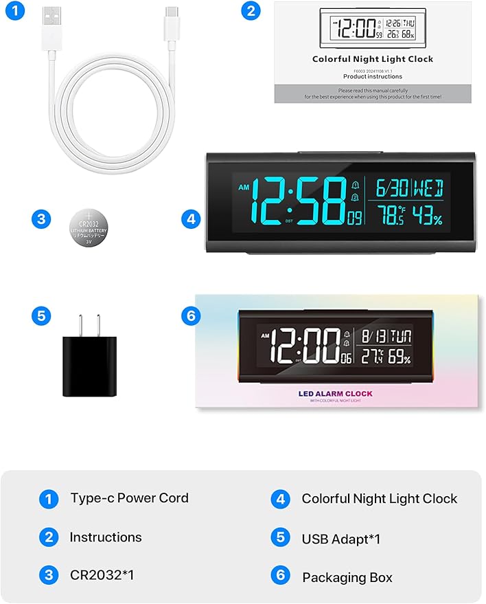 MASHI Alarm Clocks for Bedrooms, 8.54" LED Digital Clock with 9 Color Changing Night Light, Adjustable Brightness, DST,Heavy Sleepers,Temperature for Living Room, Ideal Gift for Kids,Teens,Seniors