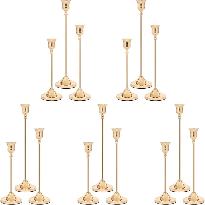 Candlestick Holders 15 PCS, Metal Taper Candle Holder, Gold Candle Holders for Pillar Candles, Vintage Dining Table Centerpiece Decorations for Wedding Party Christmas Halloween Decor