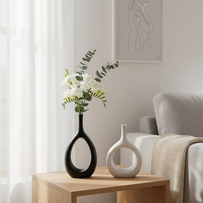 Ceramic Vase Set of 2, Modern Minimalist Boho Hollow Flower Vases, Decorative Vase for Home Decor, Living Room, Bedroom, Bookshelf, Entry Table, Kitchen and Dining Table