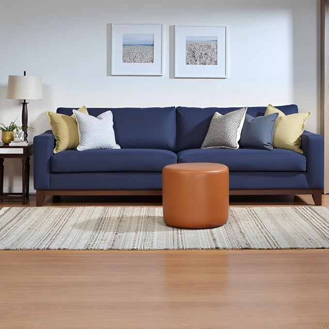 Lifestyle Solutions 19” Wentworth Ottoman Round Faux Leather Bench, Stationary Ottomans, Backless Chair, Footrest for Living Room, Footstool Office, Bedroom, Padded Seat, Caramel Brown