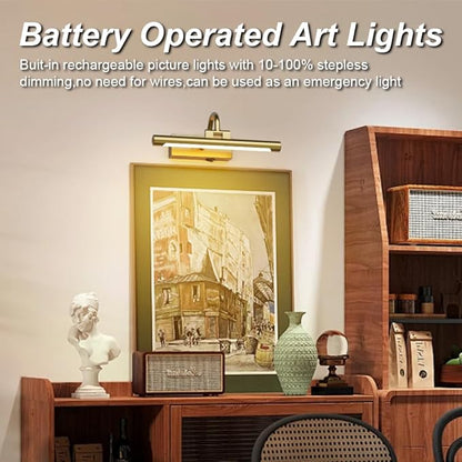 Aipsun 11.8" Brass Picture Lights for Wall Rechargeable,10000mAh Battery Operated Art Light for Paintings,3CCT Dimmable, Rotatable Gallery Light for Pictures Display