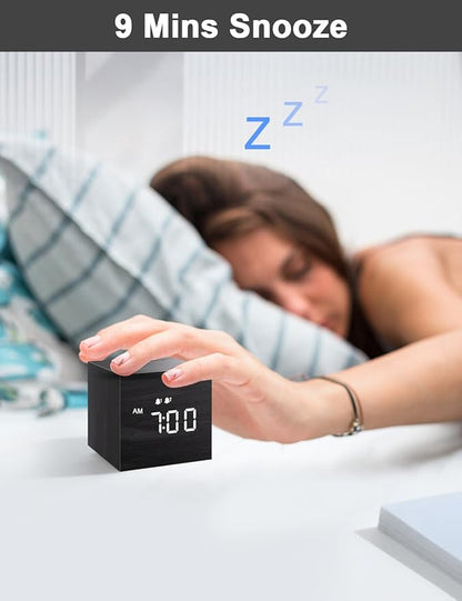JALL Digital Alarm Clock, with Wooden Electronic LED Time Display, Dual Alarm, 2.5-inch Cubic Small Mini Wood Made Electric Clocks for Bedroom, Bedside, Desk, Black
