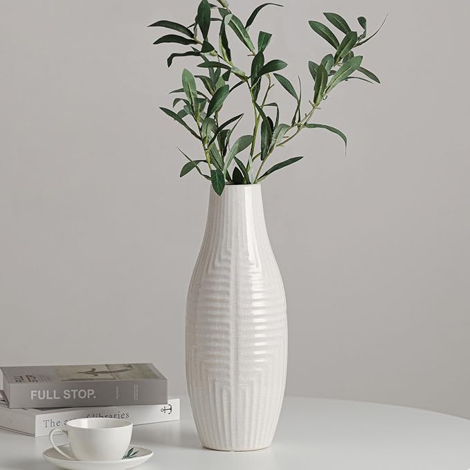 hjn Hand-Glazed White Ceramic Vase - 13.8" H Modern Decorative Centerpiece Vase for Fresh/Dried Flowers, Home Decor for Living Room Bookshelf Mantel | Wedding Housewarming Gift