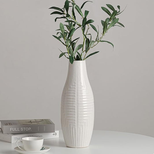 hjn Hand-Glazed White Ceramic Vase - 13.8" H Modern Decorative Centerpiece Vase for Fresh/Dried Flowers, Home Decor for Living Room Bookshelf Mantel | Wedding Housewarming Gift
