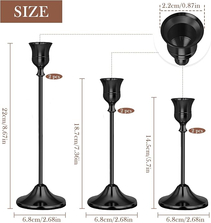 Black Candlestick Holders Set of 6, Weighted, Metal Taper Candle Stick Holders, Vintage Christmas Brass Home Decor for Table, Mantel, Room Decorations Housewarming Gift Black-6