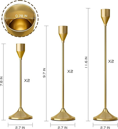 Brass Gold Metal Taper Candle Holder, Vintage Candlestick Holders, Candle Sticks Holder Decor for Wedding Wedding, Dinning, Party, Fits 3/4 inch Thick Candle&Led Candles (Set of 6 Pcs)
