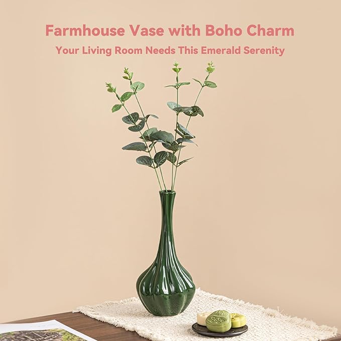 Christmas Decor Emerald Green Ceramic Vase with Fluted Texture - 9.1" Unique Flower Vase for Pampas Grass & Centerpieces, Decorative Boho/Farmhouse Vase for Living Room, Office & Gift for Her/Yourself