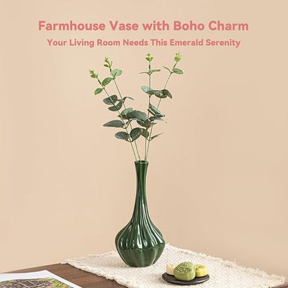 Christmas Decor Emerald Green Ceramic Vase with Fluted Texture - 9.1" Unique Flower Vase for Pampas Grass & Centerpieces, Decorative Boho/Farmhouse Vase for Living Room, Office & Gift for Her/Yourself