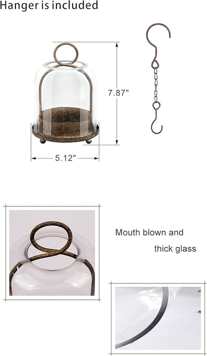 5"x7.5" Versatile Modern Metal Hurricane Lantern with Handmade Sturdy Glass Dome in Rustic Brown for 3" Pillar Candle & Plants, Industrial, Farmhouse, Shabby Chic (Brown, 5"x7.5" for 3" Pillar)