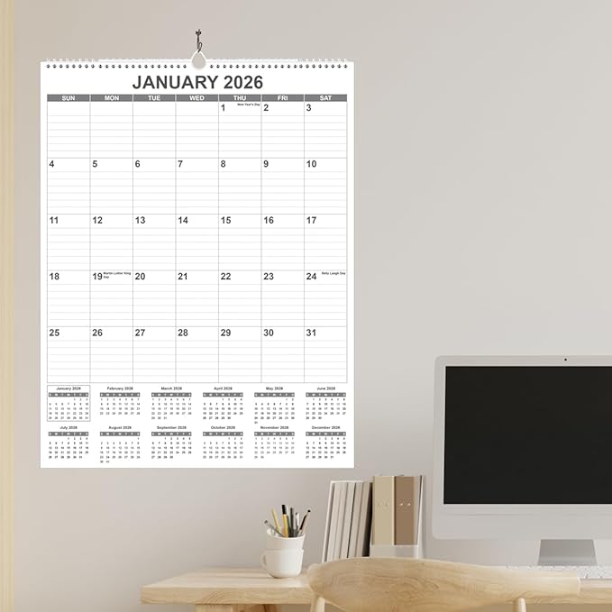 Large Calendar 2026 with Spiral Bound - 18 Month Big Calendar from January 2026 to June 2027, Vertical Large Monthly Calendario 2026 for Wall, 22" x 17", Black