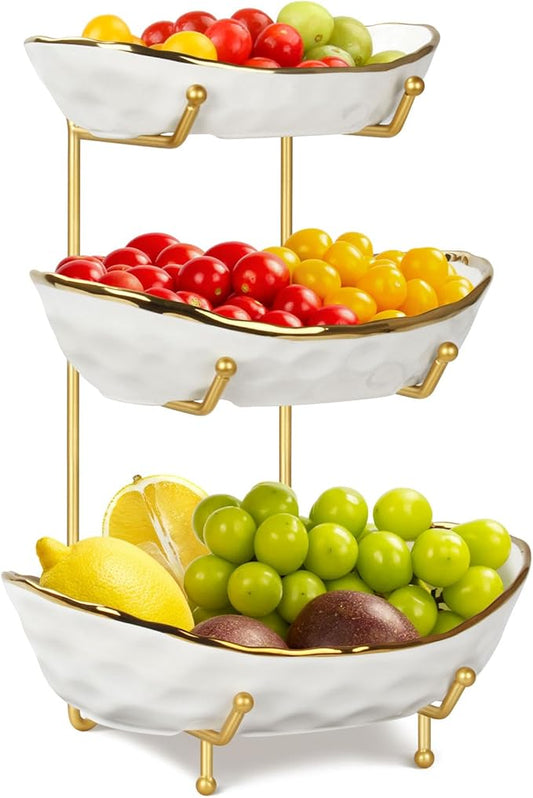 Ceramic Fruit Bowl for Kitchen Counter - 3 Tier Fruit Basket with Metal Stand, Tiered Fruit Stand for Countertop, Snack, Nuts, Cake, Dessert, Small & Cute (Gold&White)