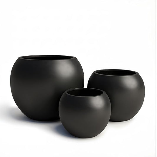 DTY Signature Mount Sherman Modern Indoor Outdoor Fiberstone Sphere Planter, Durable Round Garden Pot, Weather Resistant, Drainage Hole & Rubber Plug - Small, Black