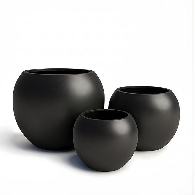 DTY Signature Mount Sherman Modern Indoor Outdoor Fiberstone Sphere Planter, Durable Round Garden Pot, Weather Resistant, Drainage Hole & Rubber Plug - Medium, Black
