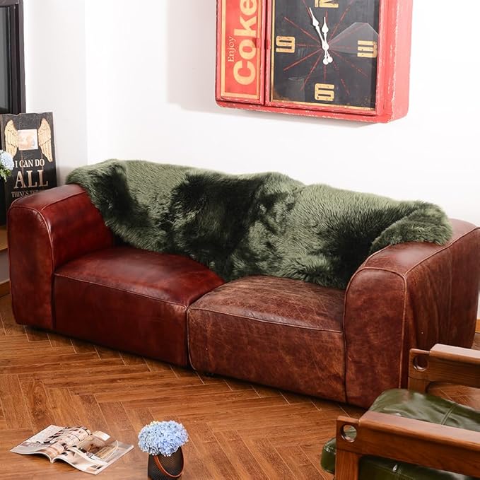 LLB Genuine Sheepskin Area Rug Fur Carpet Fluffy Shaggy Fur Rug for Living Room Kids Bedroom Real Sheepskin Throw Lambskin Aesthetic Rugs Sofa Mat Chair Seat Covers (Dark Green, 2 x 6 ft Sheepskin)