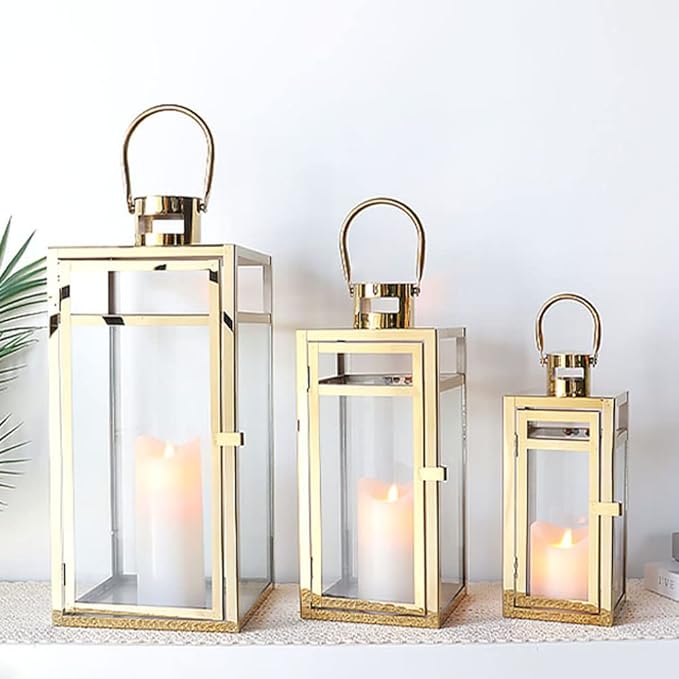 TRIROCKS Elegant Gold Stainless Steel Lantern Set- 3 Sizes (12", 15", 19") - Tempered Glass Panel Metal Lanterns for Versatile Indoor & Outdoor Decorating - Perfect for Celebrations