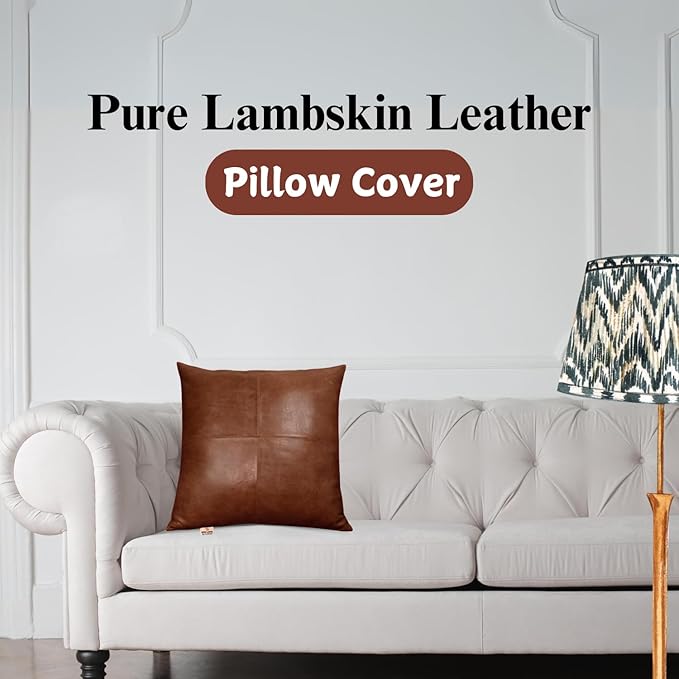Lambskin Leather Pillow Cover - Sofa Cushion Case - Decorative Throw Covers for Living Room & Bedroom, 14x14 Inches - Tan & Brown Plain Pack of 2