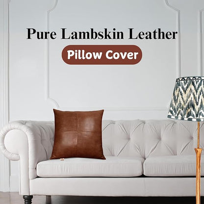Lambskin Leather Pillow Cover - Sofa Cushion Case - Decorative Throw Covers for Living Room & Bedroom, 20x20 Inches - Tan & Brown Plain Pack of 2