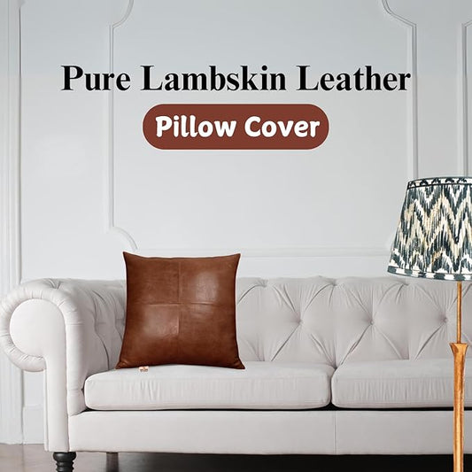 Lambskin Leather Pillow Cover - Sofa Cushion Case - Decorative Throw Covers for Living Room & Bedroom, 22x22 Inches - Tan & Brown Plain Pack of 2