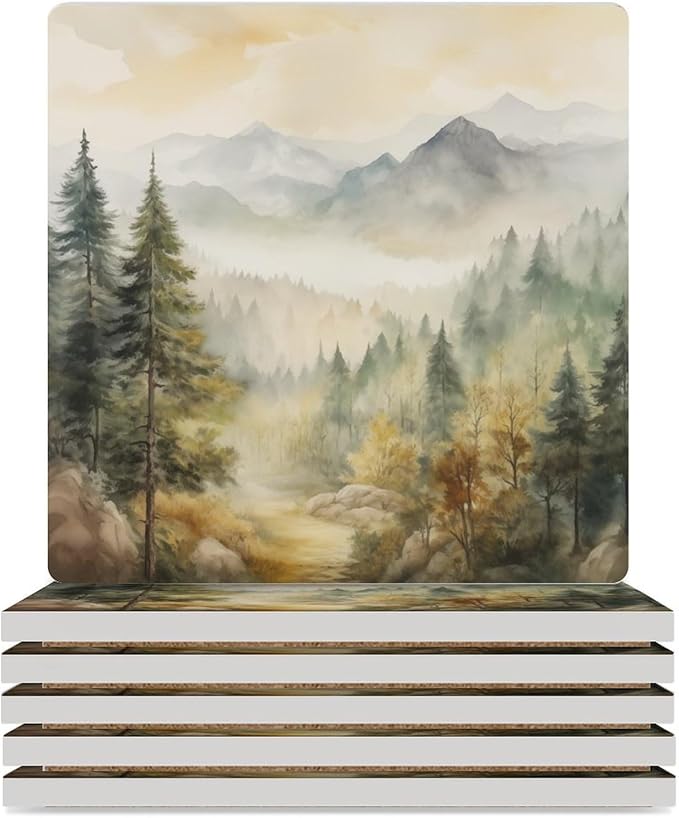 Forest Drink Coasters, Square Ceramic Drink Coaster Square-6PCS, Watercolor Mountain Forest Nature Tree Woodland Decor Absorbent Ceramic Coasters for Beverage Cup, Bar, Coffee Table