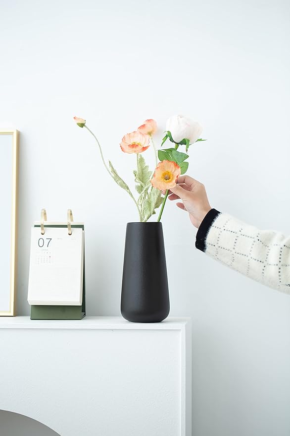 8 Inch Tall Matt Black Ceramic Vase for Flowers & Pampas Grass, Small Classic Rustic Style Decorative Vases for Home Decor Table Centerpieces