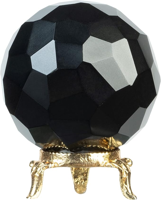 Crocon 50mm Black Tourmaline Diamond Cut Stone Sphere Ball with Metal Stand 1400+ Carats Gemstone Ball Healing Ornament Rock Sphere Sculpture Figurine for Fengshui Divination Crystal