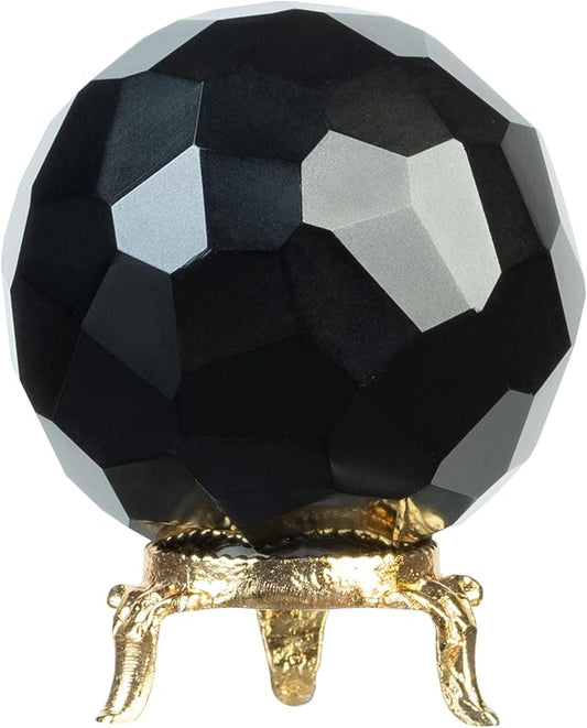 Crocon 50mm Black Tourmaline Diamond Cut Stone Sphere Ball with Metal Stand 1400+ Carats Gemstone Ball Healing Ornament Rock Sphere Sculpture Figurine for Fengshui Divination Crystal