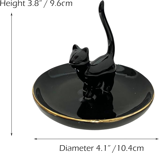 ROSA&ROSE Cat Ring Holder Trinket Tray Ceramic Jewelry Dish Porcelain Ring Organizer Gift for Women, Girlfriend or Valentine's Day (Black)