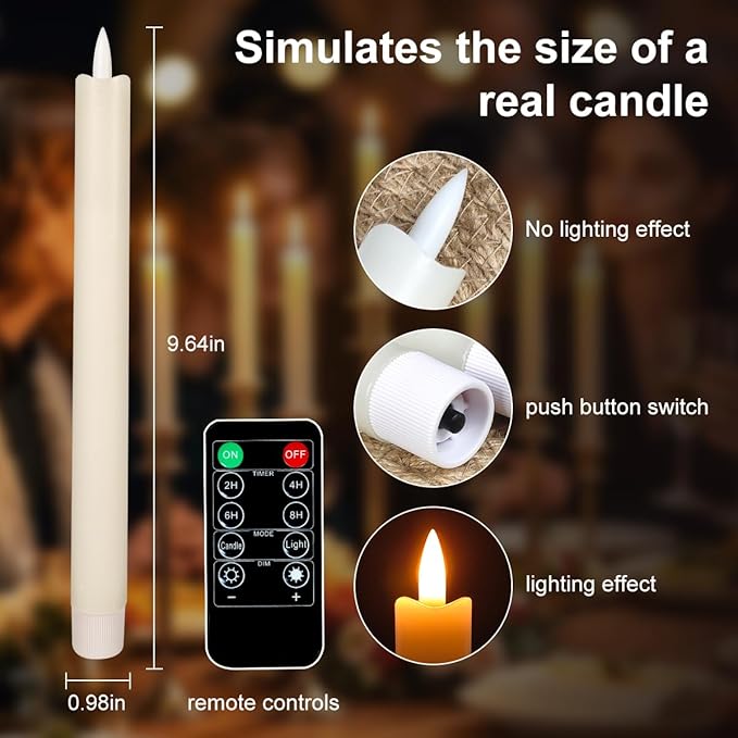 Battery Flameless Candles–Set of 6, Realistic Flickering LED Taper Candle Set,Remote & Timer, USB-Rechargeable, Ideal for Living Room, Bedroom & Holiday Décor