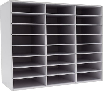 Literature Organizer with 24 Compartments | Adjustable Desktop File Sorter Mail Center for Home, Office & Classroom | PVC Paper Storage Cabinet with Shelves (White, 24 Compartments)
