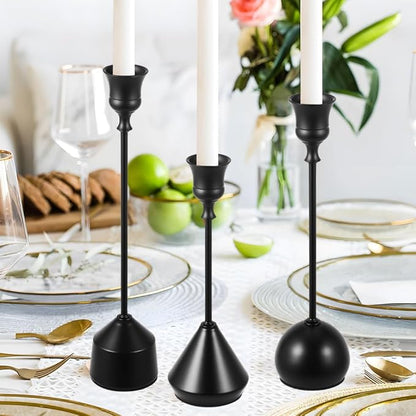Elegant Vintage Black Candlestick Holders, Set of 3 Taper Candle Holders with Weighted Base for Wedding, Dining Table, Holiday Decor
