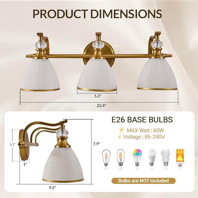 ANDY STAR Bathroom Light Fixture, 3-light Brass Vanity Light, Vintage Bathroom Lights Over Mirror with Crystal Beads, Wall Sconce Lighting with Frosted Milky Glass Shade, E26 Base (Bulbs Not Included)