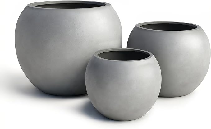 DTY Signature Mount Sherman Modern Indoor Outdoor Fiberstone Sphere Planter, Durable Round Garden Pot, Weather Resistant, Drainage Hole & Rubber Plug - Small, Gray