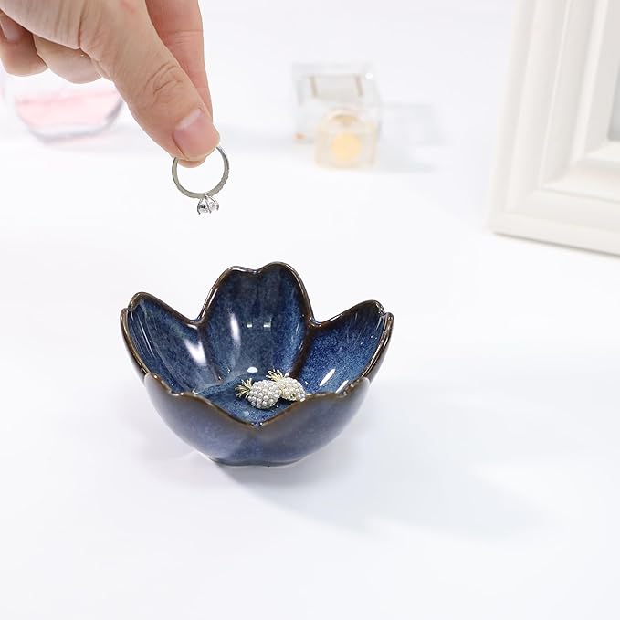 Flower Ring Dish Holder,Jewelry Dish Tray,Small Trinket Tray,Jewelry Plate Bowl,Key Bowl,Decorative Plate,Birtdhay Christmas Gifts for Women Friends,Ceramic Kiln effect Blue