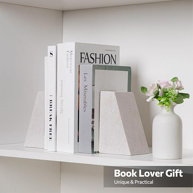 Marble Bookends for Shelves, 11LB Heavy Duty Marble Book Ends for Heavy Books, Stone Bookends Decorative, Polished, Beige Triangular, Set of 2