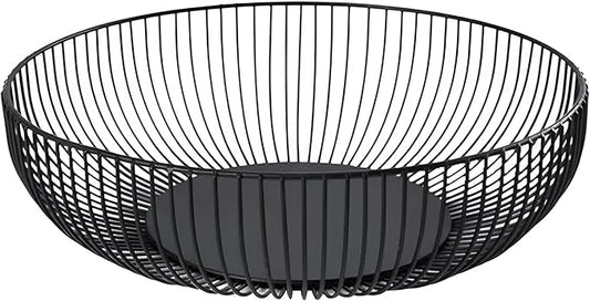 Fruit Bowl for Kitchen Counter, Black Wire Fruit Bowl, Metal Countertop Fruit Basket, 11 Inches Round Holder for Lemon, Banana, Candy, Snack in Office (Round C)